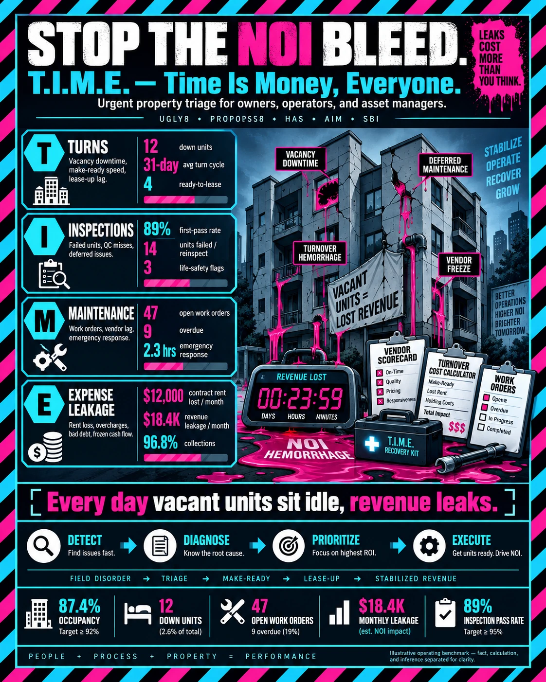 Turns, Inspections, Maintenance, Expense-leakage triage infographic with a detect-diagnose-prioritize-execute flow